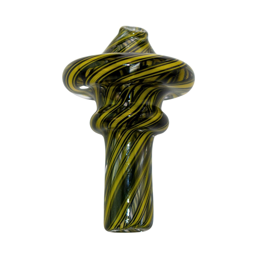 "Yellow and black carb cap that comes with a Shuhbuh Glass Wasp Rig on a white background," - Up N Smoke.