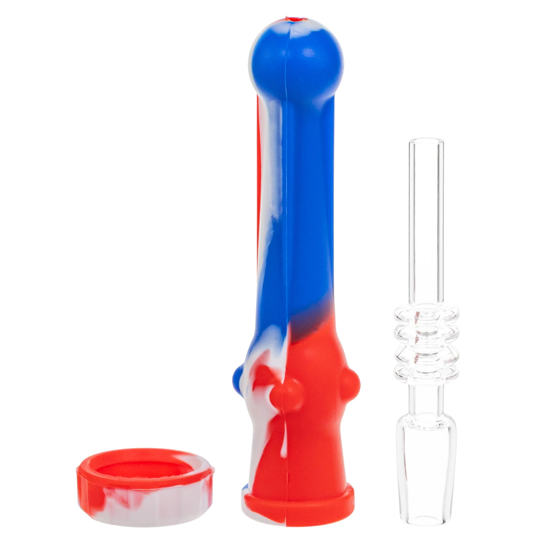 Silicone 14mm Nectar Collector red white and blue color showing parts  on a white background - Up N Smoke