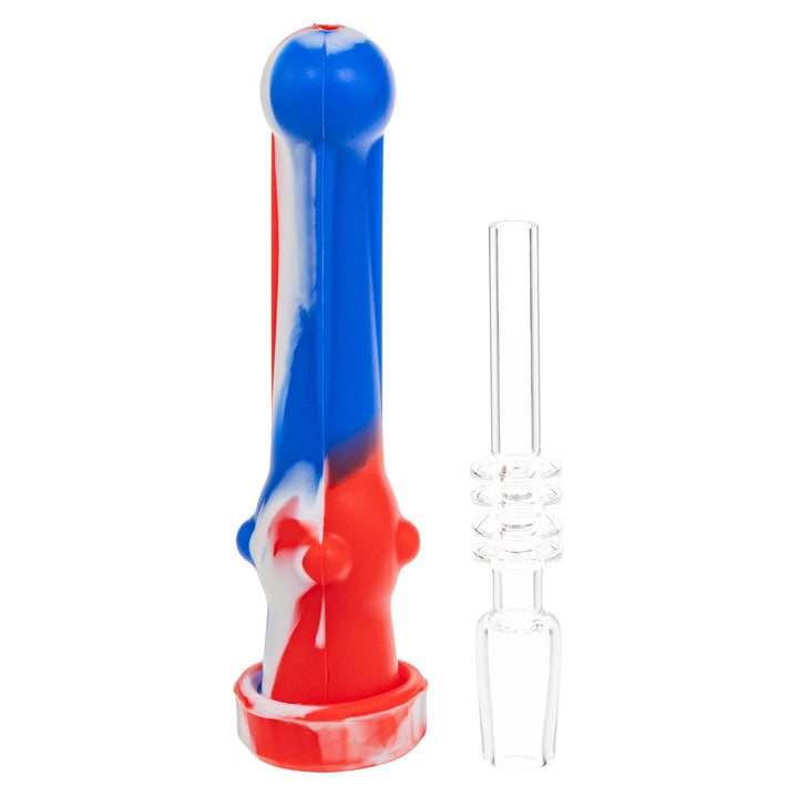 Silicone 14mm Nectar Collector red white and blue color with quartz side to side on a white background - Up N Smoke