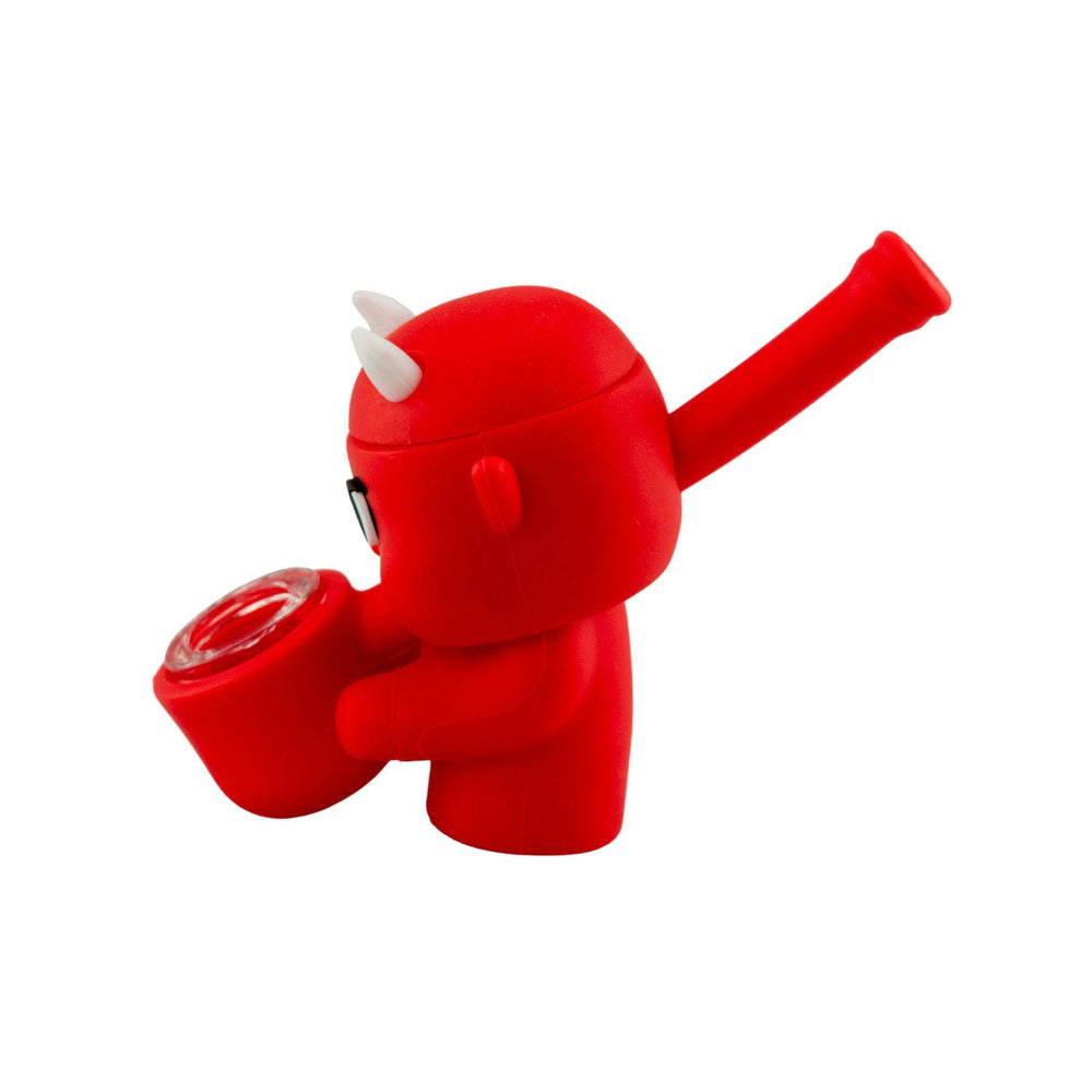 "Left side of a Silicone Devil Hand Pipe that features a built-in removable screen bowl on a white background," - Up N Smoke.