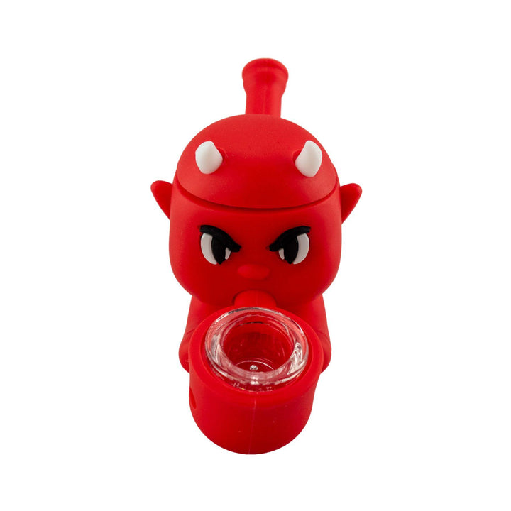 "Front of a Silicone Devil Hand Pipe on a white background," - Up N Smoke.