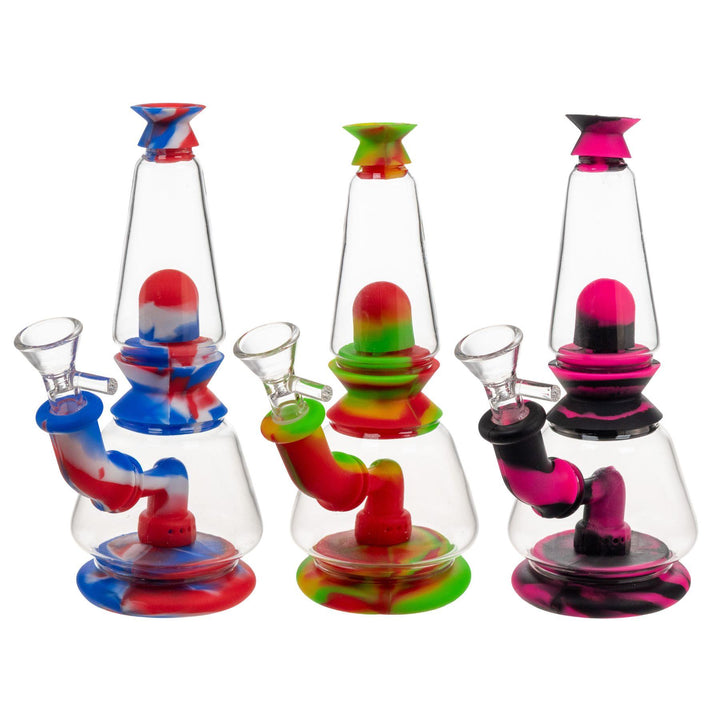"Three colorful Silicone Dual Chamber Water Pipes that are 7.5 inches tall and feature a showerhead and fountain percolator," - Up N Smoke.