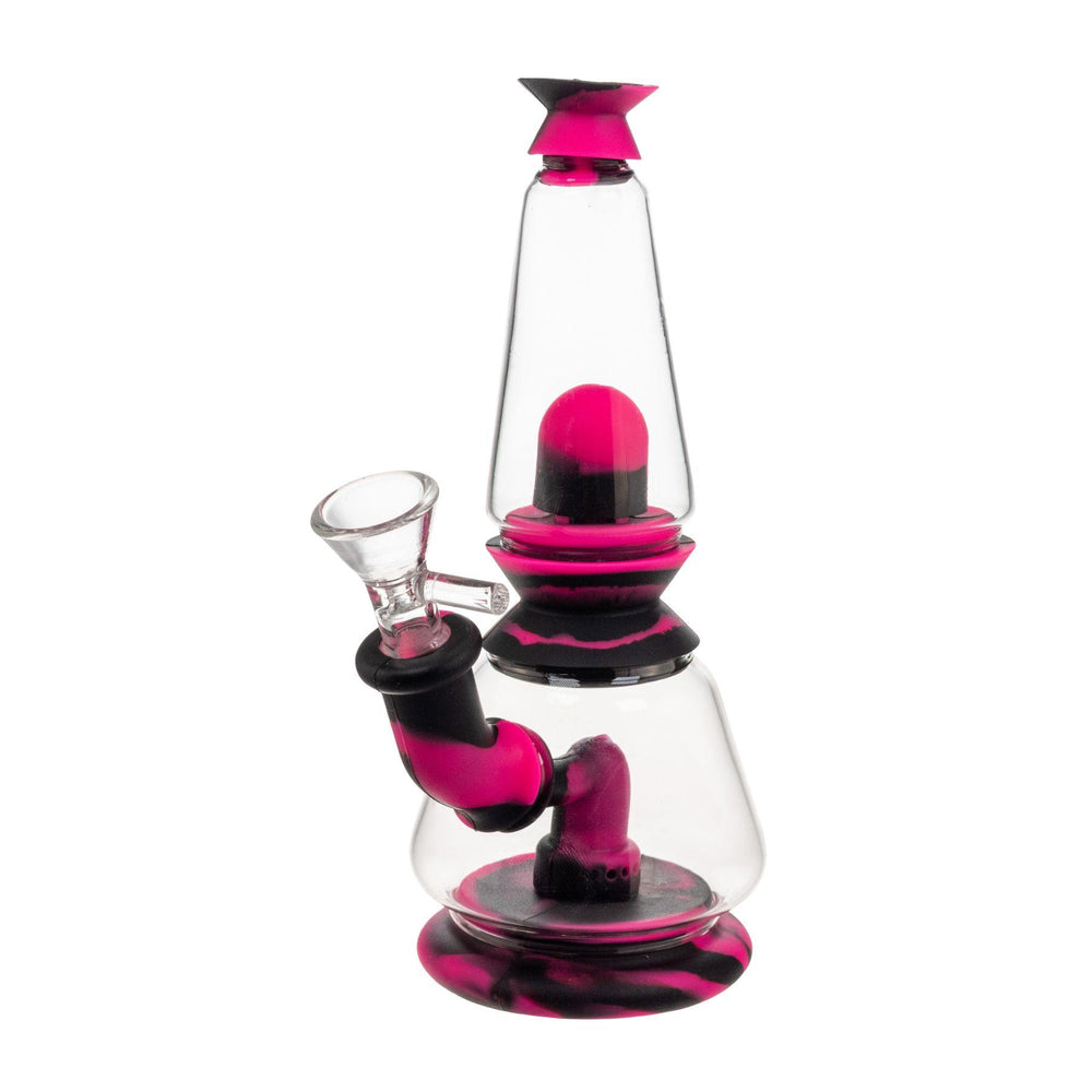 "Side angle of a pink and black Silicone Dual Chamber Water Pipe on a white background," - Up N Smoke.