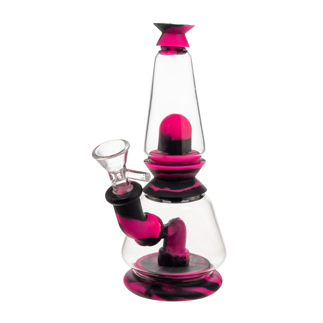 "Side angle of a pink and black Silicone Dual Chamber Water Pipe on a white background," - Up N Smoke.