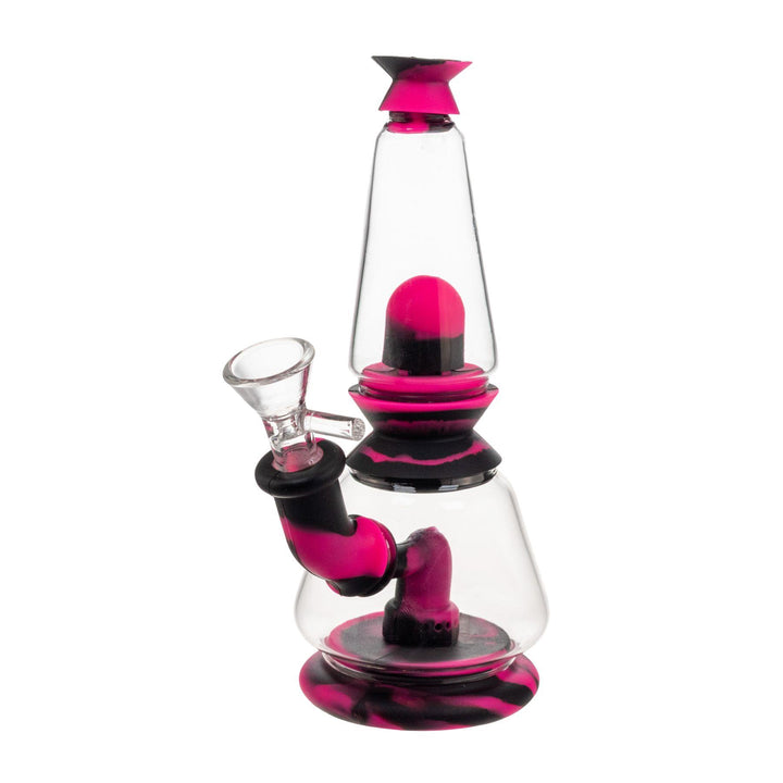 "Side angle of a pink and black Silicone Dual Chamber Water Pipe on a white background," - Up N Smoke.