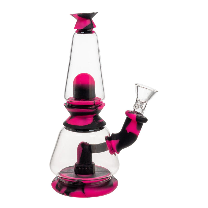 "Right-side view of a pink and black Silicone Dual Chamber Water Pipe on a white background," - Up N Smoke.