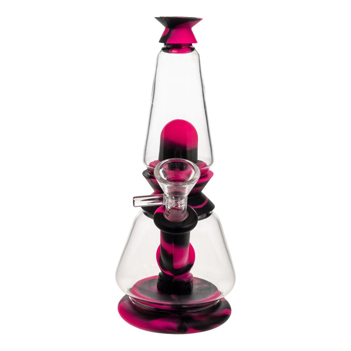 "Front of a Silicone Dual Chamber Water Pipe in the color variation black with pink," - Up N Smoke.