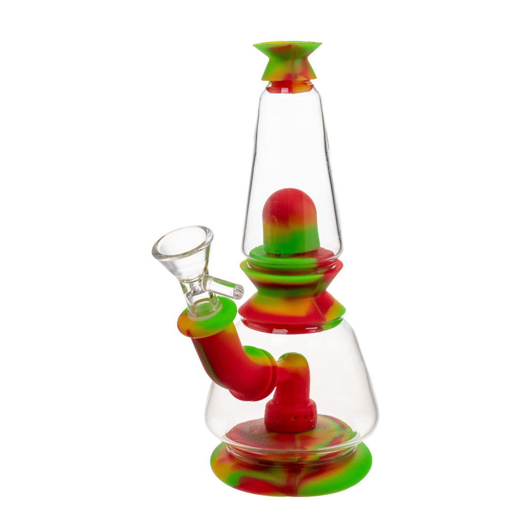 "Side angle of a Rasta Silicone Dual Chamber Water Pipe on a white background," - Up N Smoke.