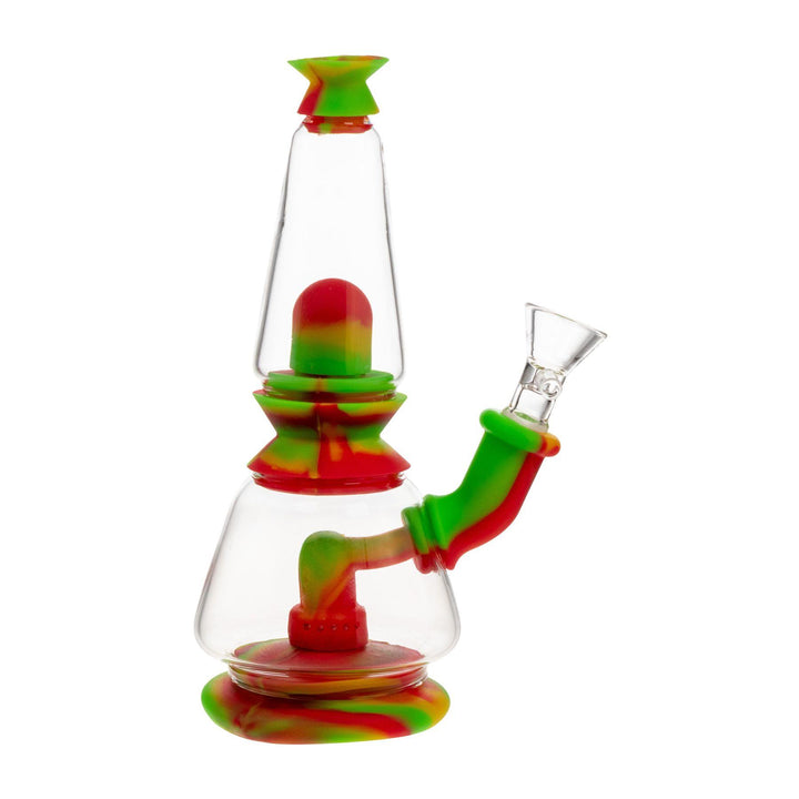 "Right-side view of a Rasta Silicone Dual Chamber Water Pipe on a white background," - Up N Smoke.
