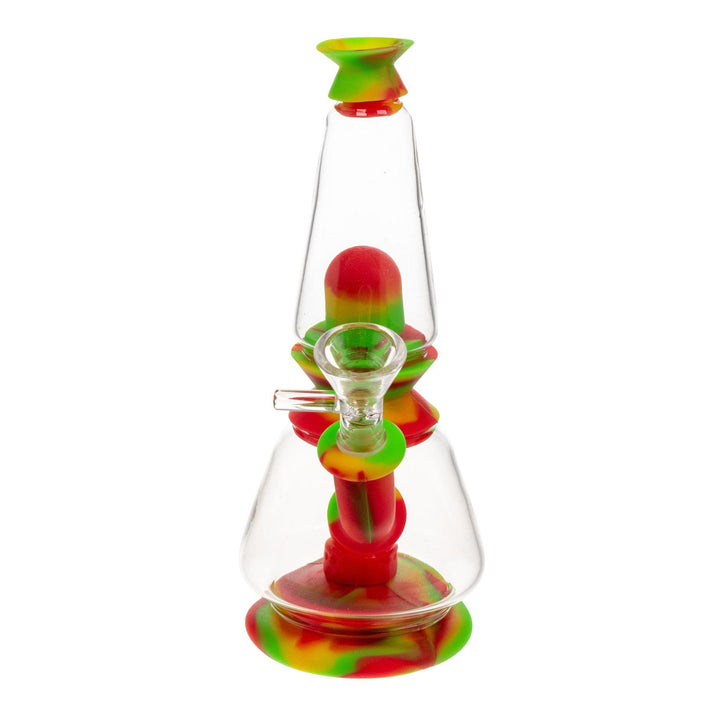 "Front of a Rasta Silicone Dual Chamber Water Pipe on a white background," - Up N Smoke.