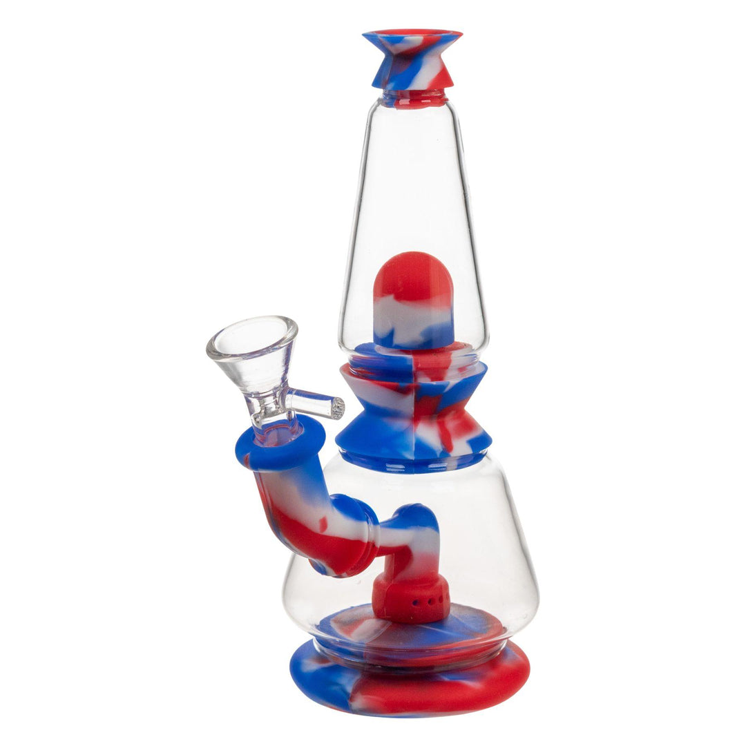 "Side angle of a Silicone Dual Chamber Water Pipe that is red with blue," - Up N Smoke.