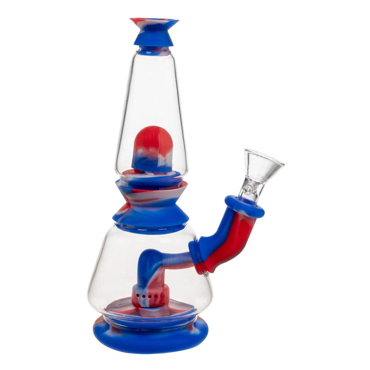 "Right-side view of a red and blue Silicone Dual Chamber Water Pipe on a white background," - Up N Smoke.