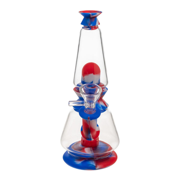"Front of a red and blue Silicone Dual Chamber Water Pipe on a white background," - Up N Smoke.