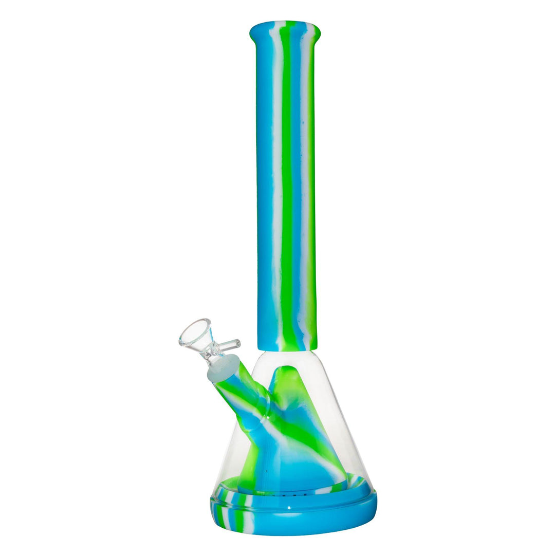 "Green and blue Silicone & Glass Hybrid Beaker that stands at 14 inches and has a 4.5 inch base on a white background," - Up N Smoke.