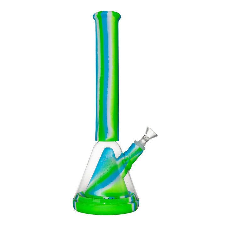 "Right-side view of a green and blue Silicone & Glass Hybrid Beaker on a white background," - Up N Smoke.