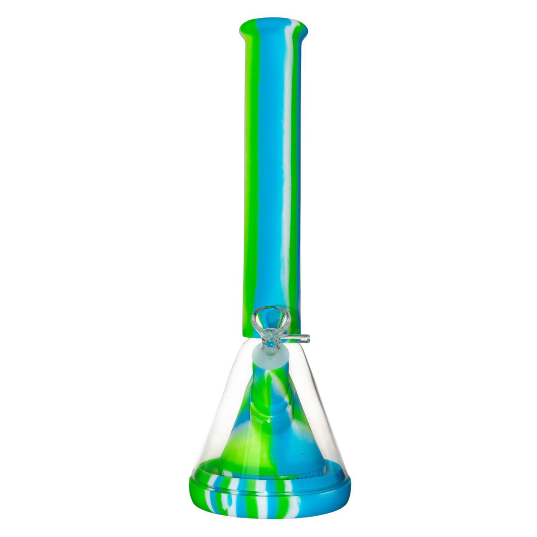 "Front of a green and blue Silicone & Glass Hybrid Beaker that features a large pyramid percolator within the base," - Up N Smoke.