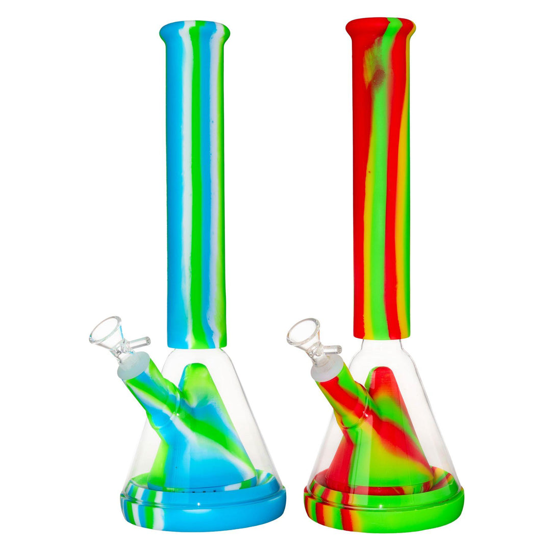 "Two vibrantly colored Silicone & Glass Hybrid Beakers on a white background," - Up N Smoke.