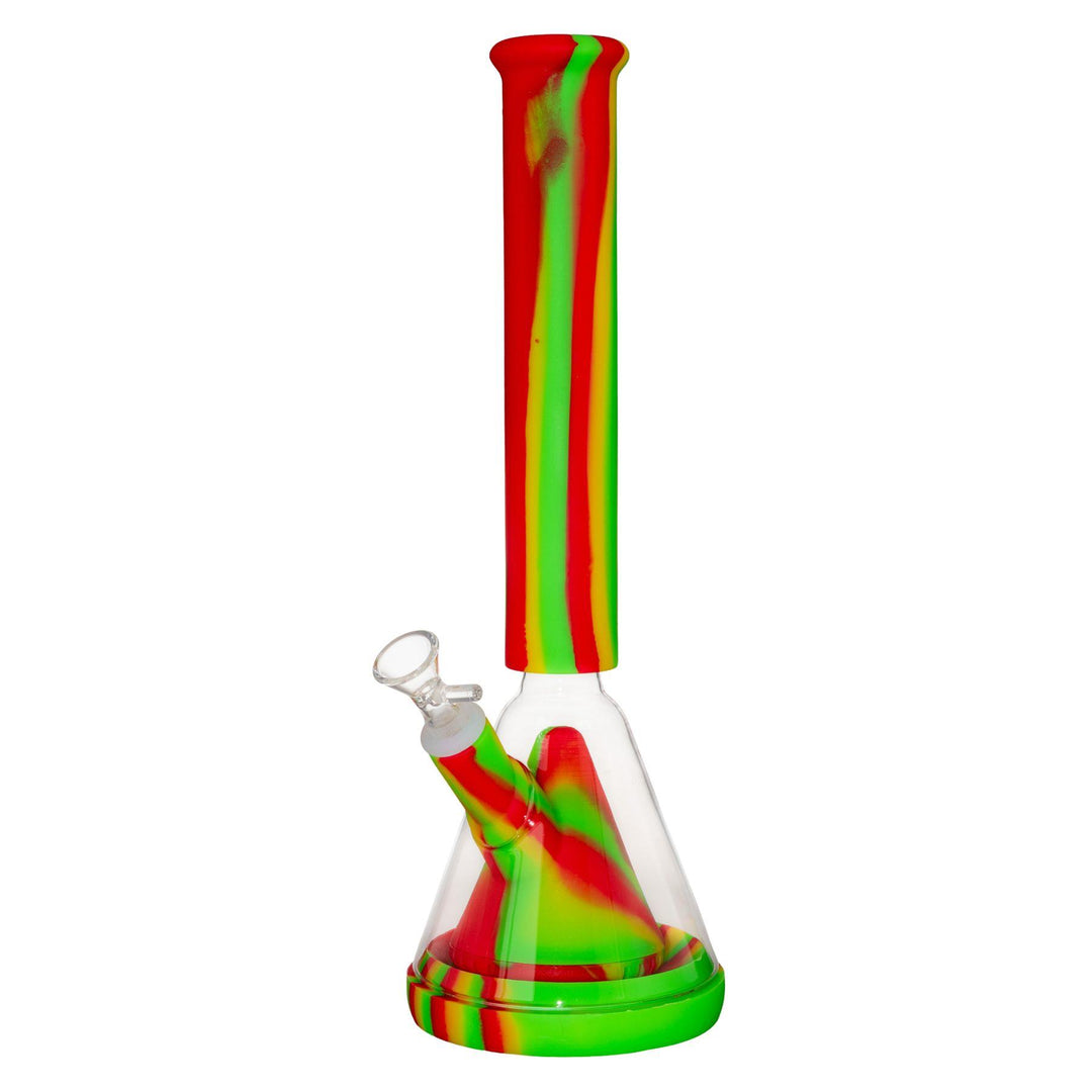 "Rasta-colored Silicone & Glass Hybrid Beaker with a pyramid percolator on a white background," - Up N Smoke.