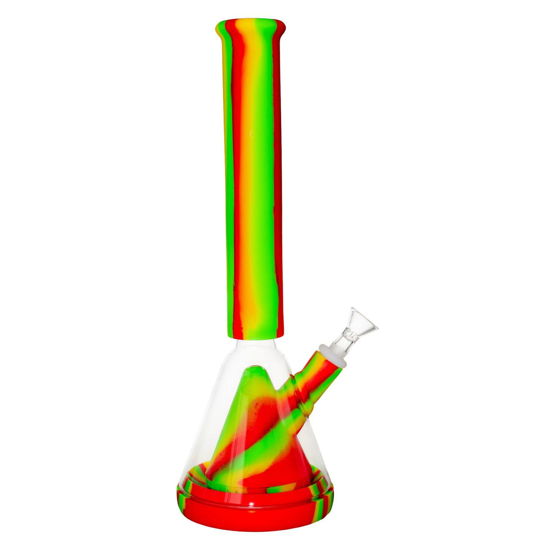 "Right-side view of a Rasta Silicone & Glass Hybrid Beaker that has a large pyramid percolator at the base," - Up N Smoke.