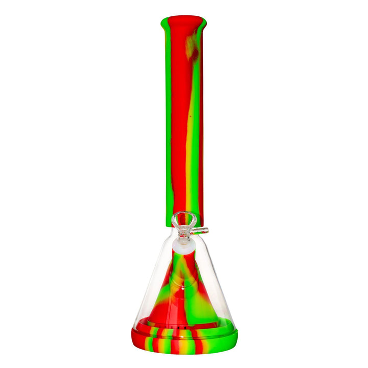 "Front of a Rasta Silicone & Glass Hybrid Beaker that stands at 14 inches tall and features a pyramid percolator," - Up N Smoke.