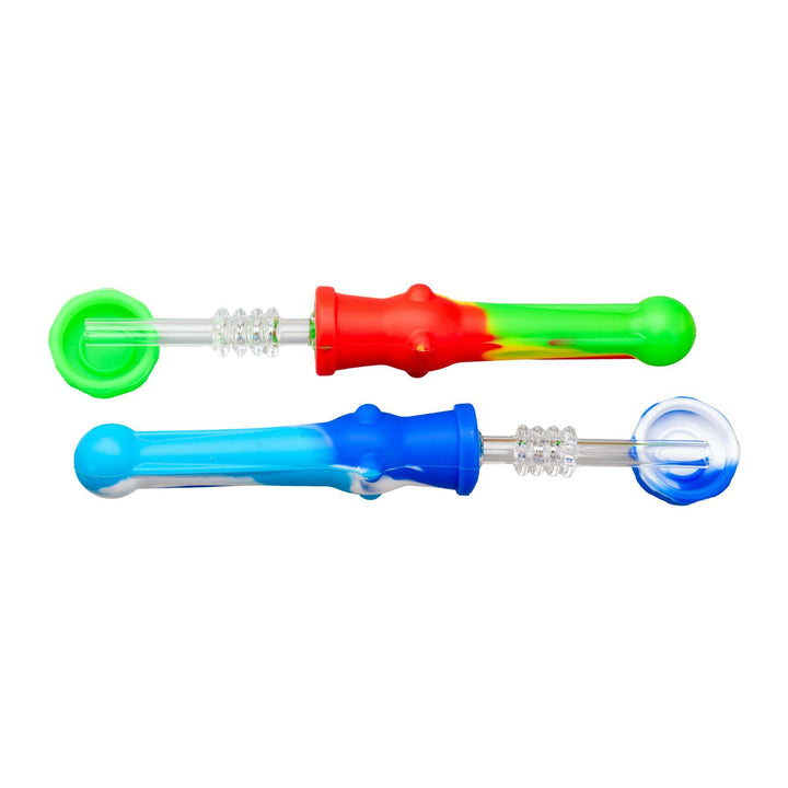 "Two Silicone Nectar Collectors in the color variations rasta and blue on a white background," - Up N Smoke.