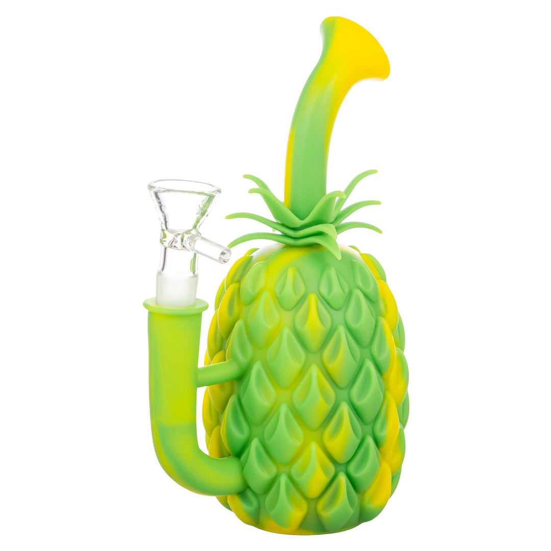 Silicone Pineapple Water Pipe green with yellow color slight side angle on a white background - Up N Smoke