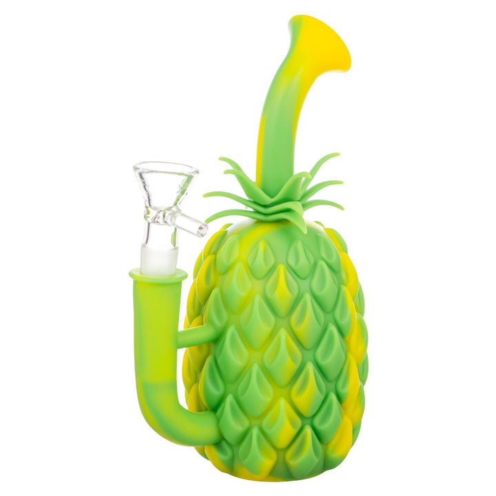 Silicone Pineapple Water Pipe green with yellow color slight side angle on a white background - Up N Smoke