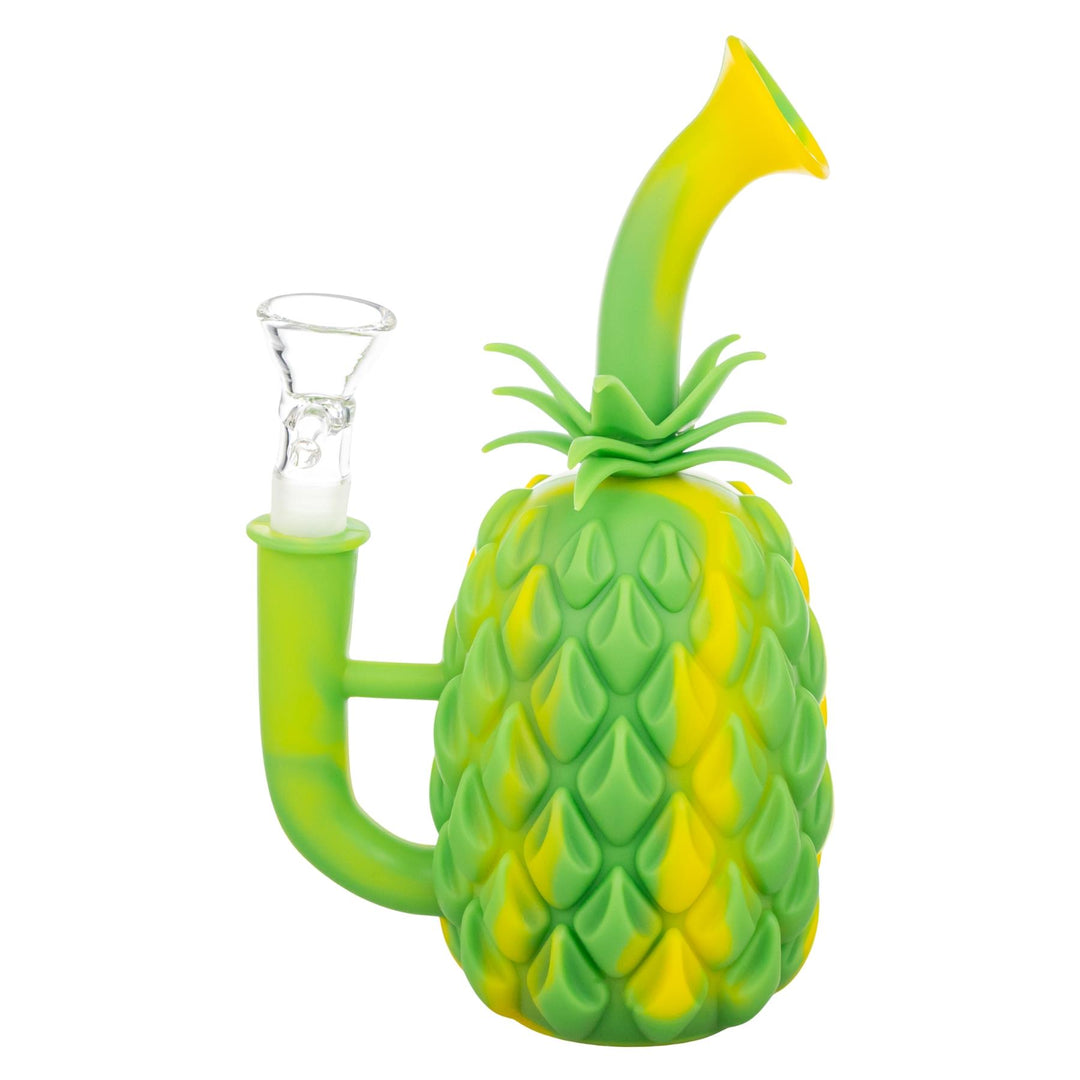 Silicone Pineapple Water Pipe green with yellow color left side angle on a white background - Up N Smoke
