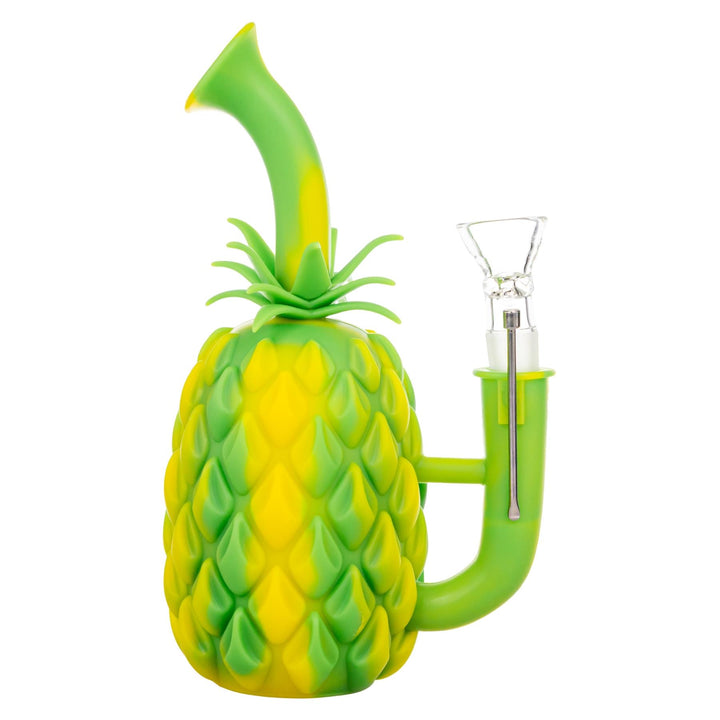 Silicone Pineapple Water Pipe green with yellow color left side angle with pick on a white background - Up N Smoke