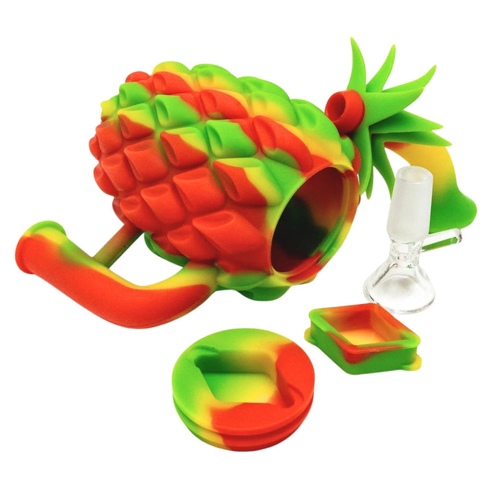 Silicone Pineapple Water Pipe rasta color slight side angle with all parts showing on a white background - Up N Smoke