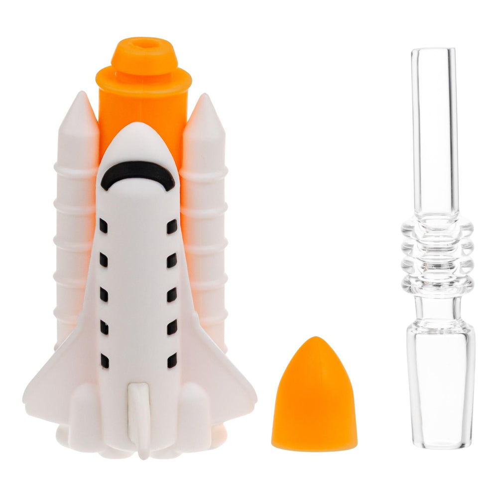 Silicone Space Shuttle Nectar Collector disassembled showcasing parts on a white background - Up N Smoke