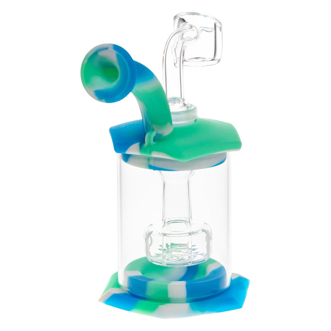Silicone and Glass Rig Blue with Teal colorway front angle on a white background - Up N Smoke