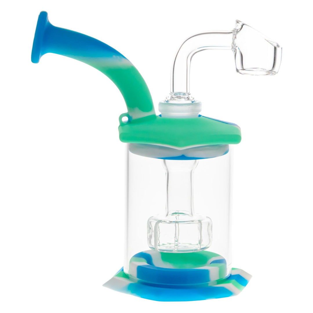 Silicone and Glass Rig Blue with Teal colorway side angle on a white background - Up N Smoke