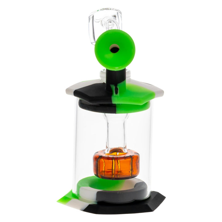 Silicone and Glass Rig Green with Black colorway complete front angle on a white background - Up N Smoke