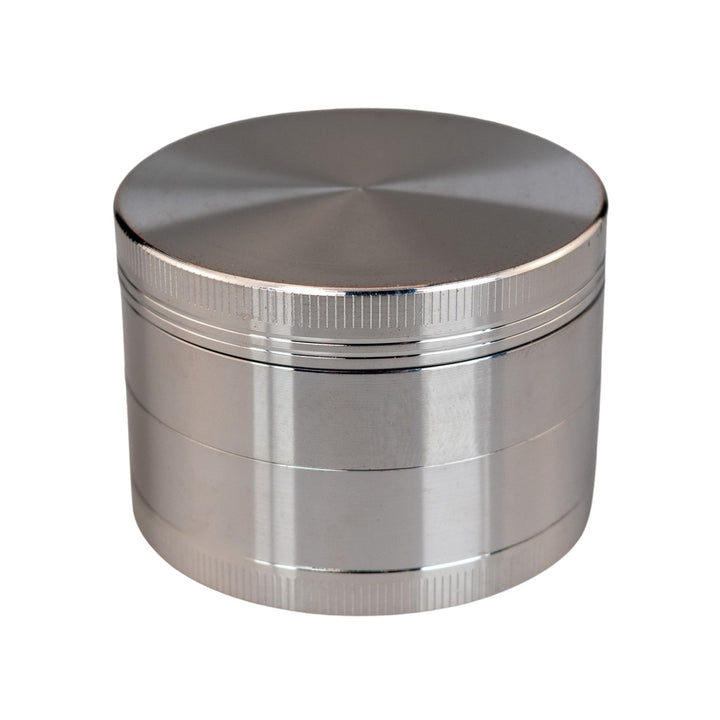 "Silver Classic 4-Piece Grinder on a white background," - Up N Smoke.