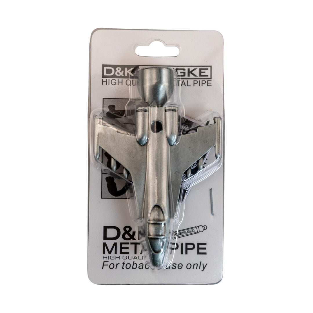 "Top-down view of a Silver D&K Jet Hand Pipe in its original packaging on a white background," - Up N Smoke.
