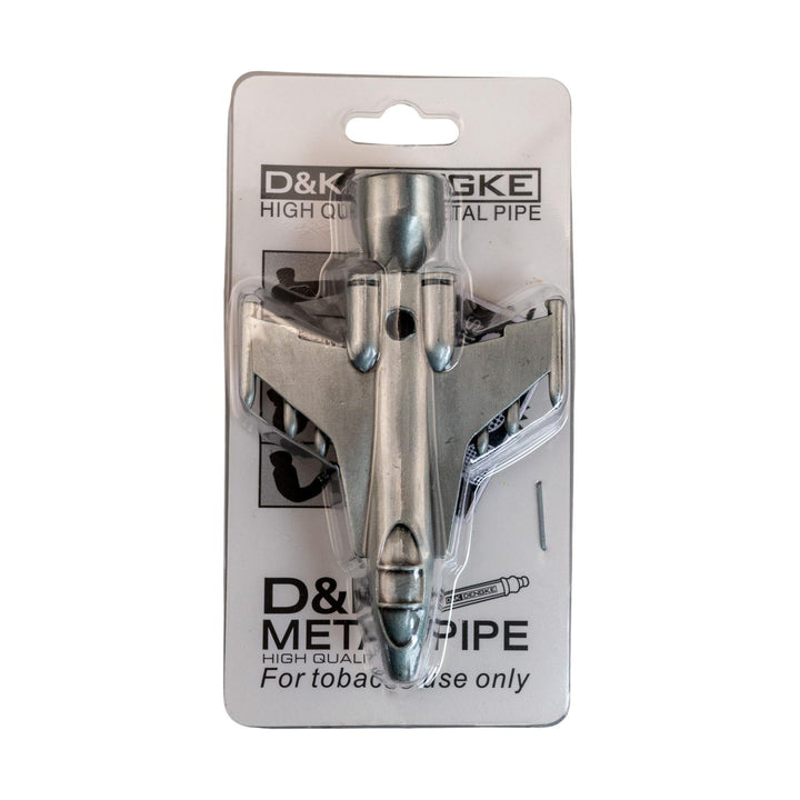 "Top-down view of a Silver D&K Jet Hand Pipe in its original packaging on a white background," - Up N Smoke.