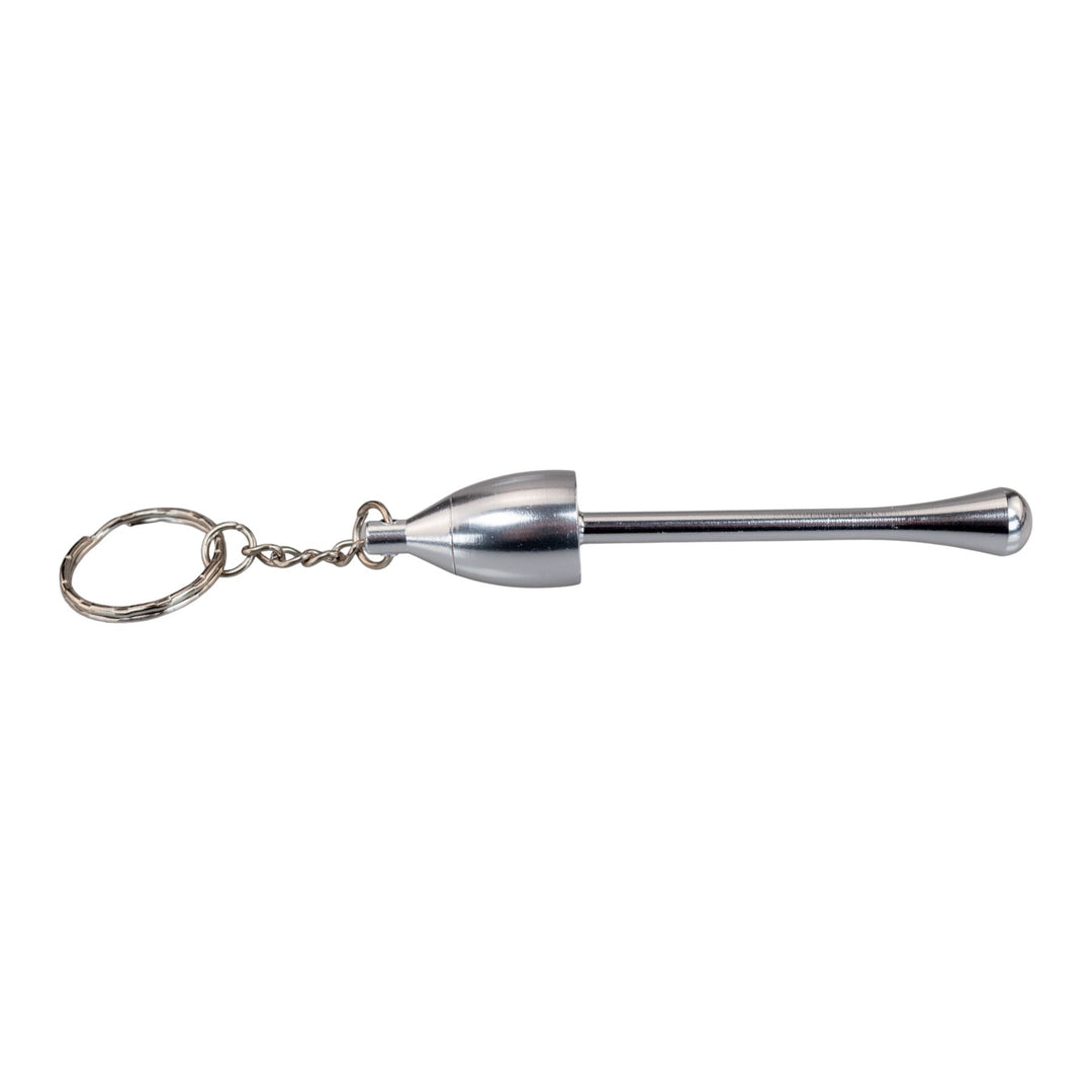 "Silver Mushroom Keychain Pipe on a white background," - Up N Smoke.