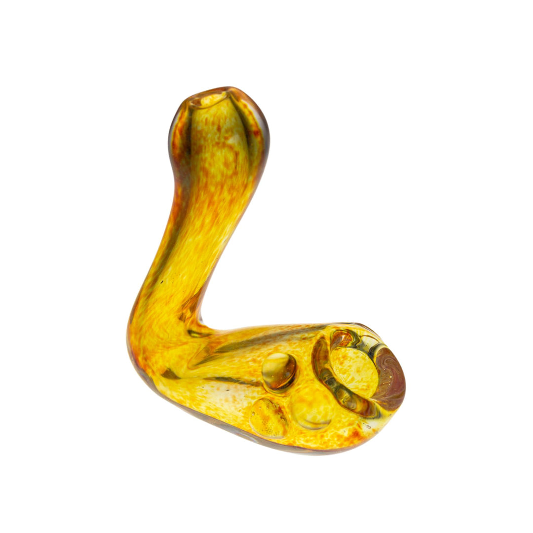 Side right view of a yellow Silverman Glass standlock fritted spoon. This piece will change colors with extended use. - Up N Smoke.