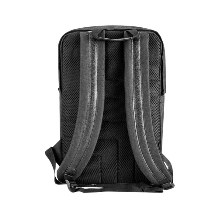 "Backside of a black SK9 Urban Backpack, showcasing the straps, on a white background," - Up N Smoke.