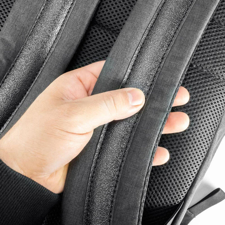 "Close-up of the straps of a black SK9 Urban Backpack," - Up N Smoke.