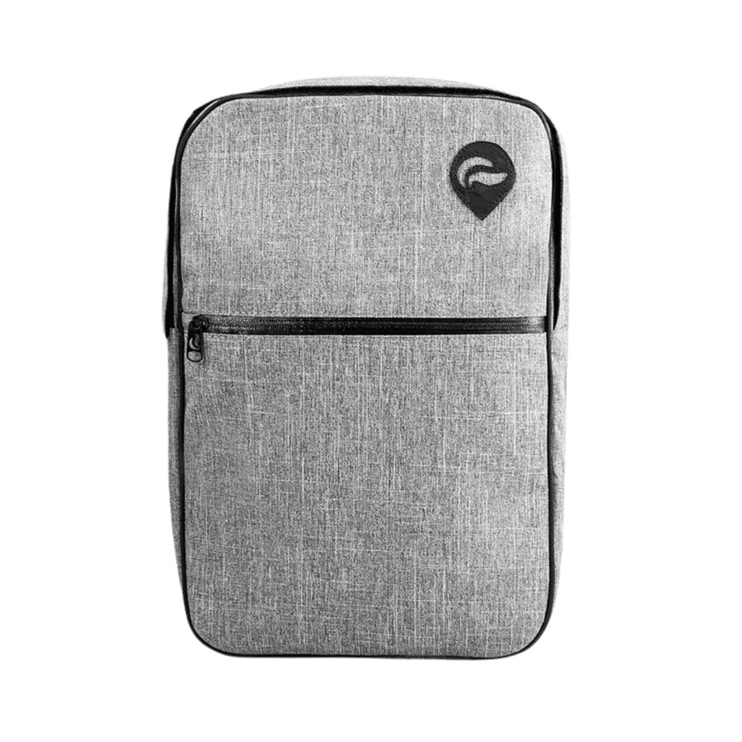 "Front of a gray SK9 Urban Backpack on a white background," - Up N Smoke.