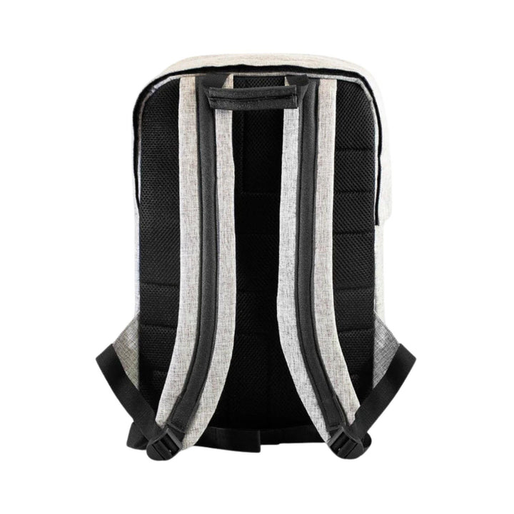 "Backside of a khaki SK9 Urban Backpack on a white background," - Up N Smoke.