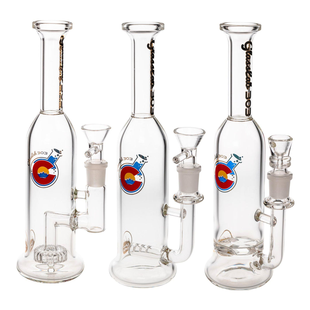 "Three Glass Lab 303 Skinny Straight Bottles in the percolator variations Circ, Turbine, and Inline," - Up N Smoke. 