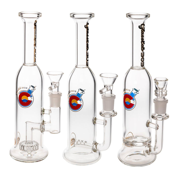 "Three Glass Lab 303 Skinny Straight Bottles in the percolator variations Circ, Turbine, and Inline," - Up N Smoke. 