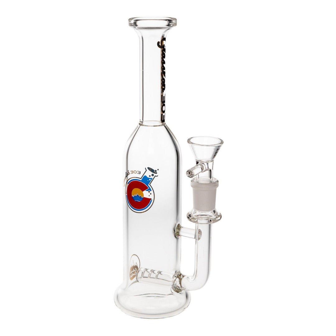 "Glass Lab 303 Skinny Straight Bottle in the percolator variation Inline on a white background," - Up N Smoke.
