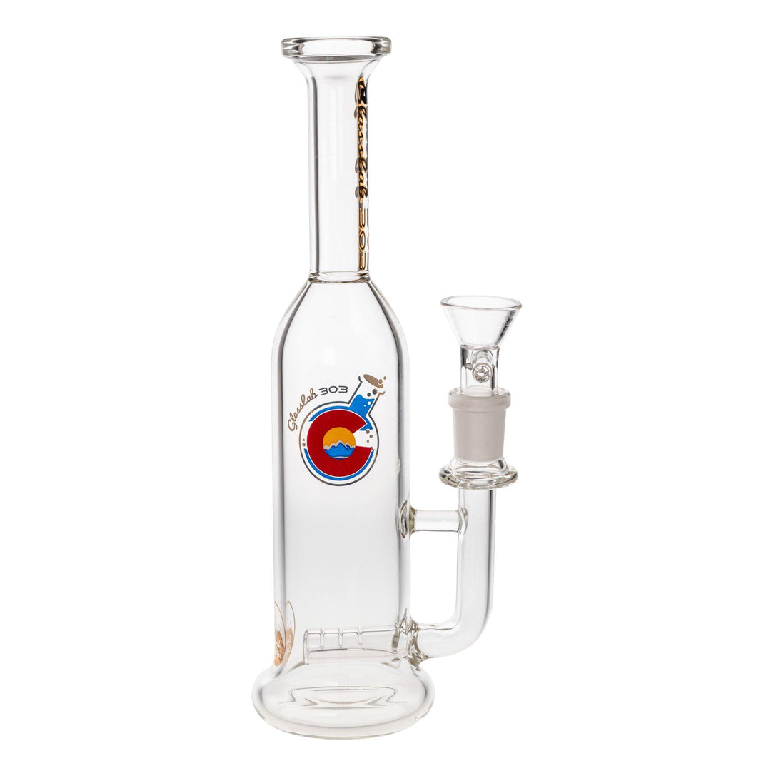 "Right-side view of a Skinny Straight Bottle made by Glass Lab 303 in the percolator variation Inline," - Up N Smoke.