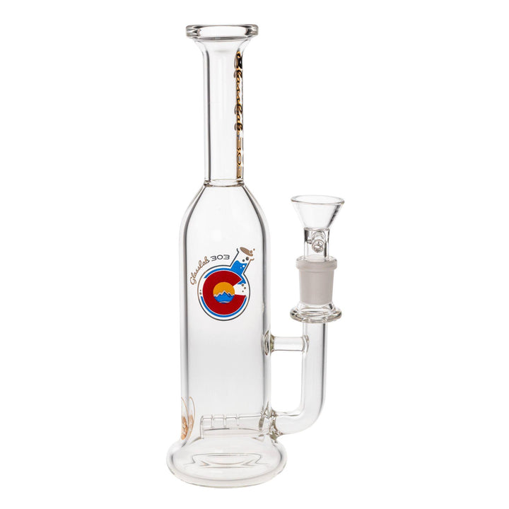 "Right-side view of a Skinny Straight Bottle made by Glass Lab 303 in the percolator variation Inline," - Up N Smoke.