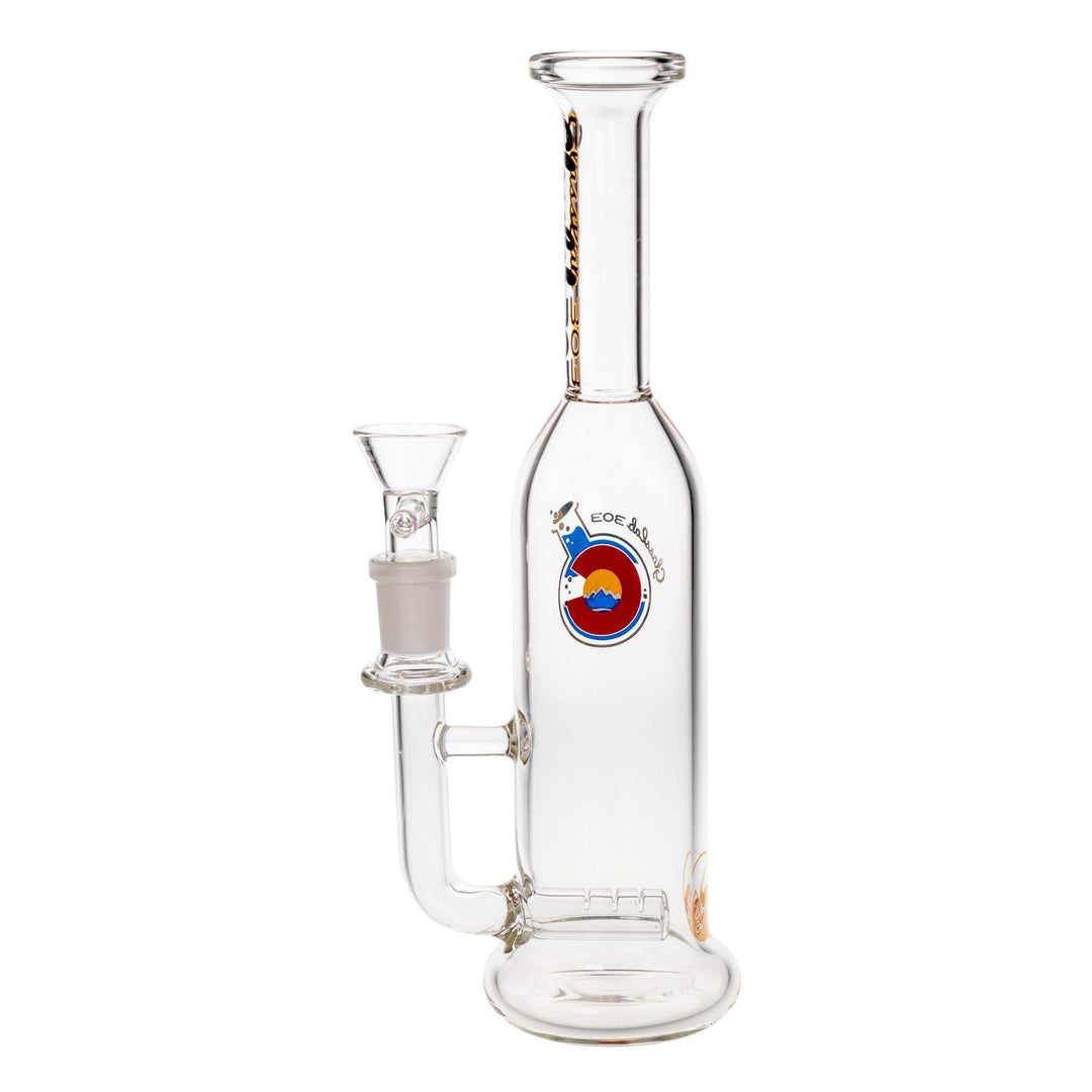 "Left-side view of a Skinny Straight Bottle Water Pipe made by Glass Lab 303," - Up N Smoke.
