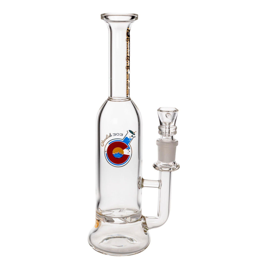 "Right-side view of a Glass Lab 303 Skinny Straight Bottle in the percolator variation Turbine," - Up N Smoke.
